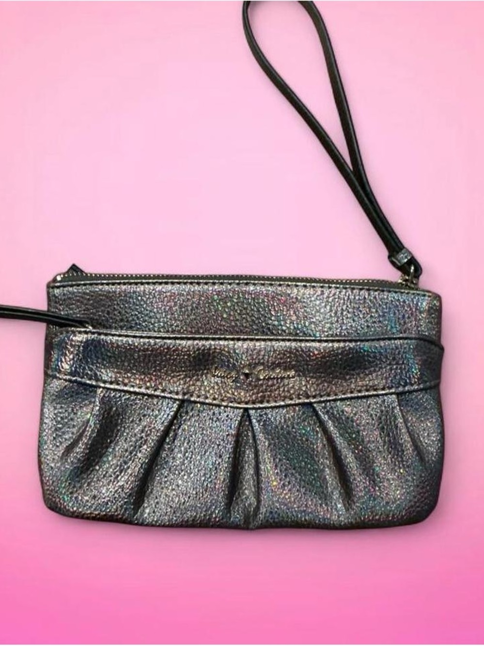 Juicy Couture Holographic Metallic Pleated Wristlet in Iridescent Silver